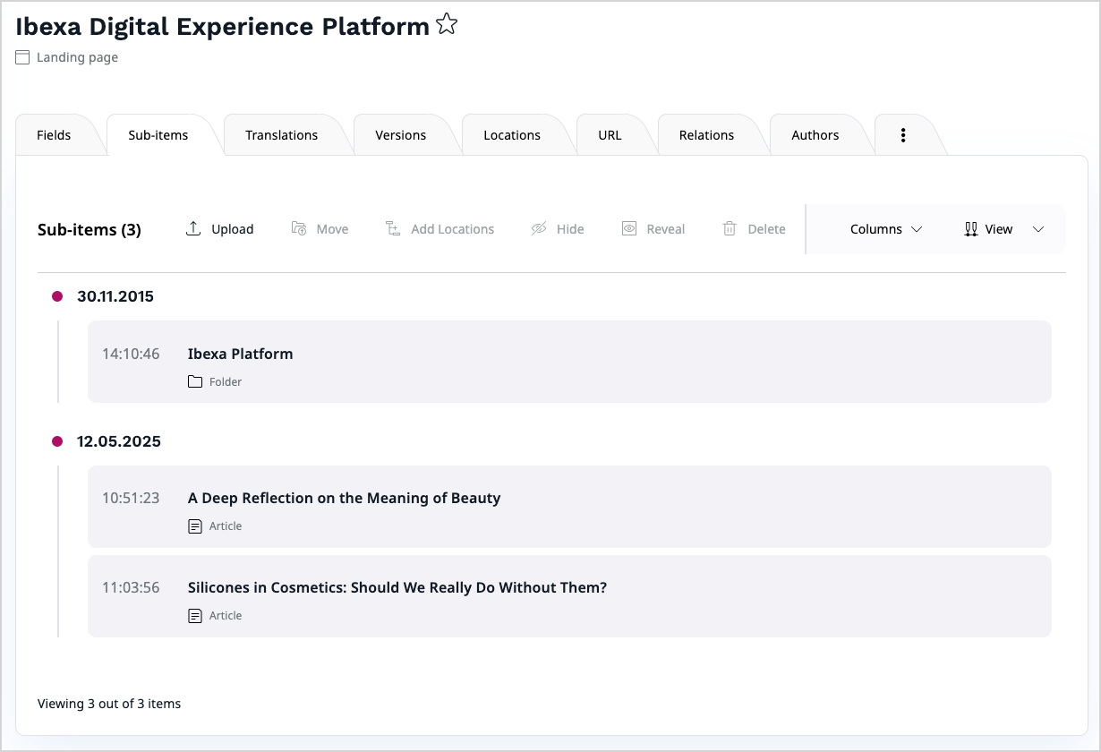 Sub-items List module using the new Timeline view
